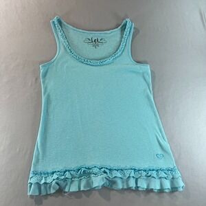 l.e.i. Blue Ribbed‎ Tank Top Lace Ruffle Trim Y2K Style Size L Cute Casual